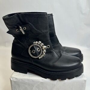 Karl Lagerfeld Paris Marceau Black Leather Crystal Buckle Moto Boots Womens‎ 8M